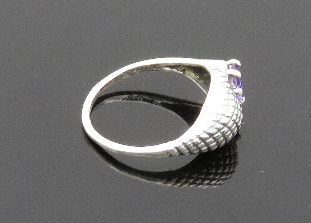 925 Sterling Silver  Vintage Amethyst Etched Detail Band Ring Sz 5  RG20427