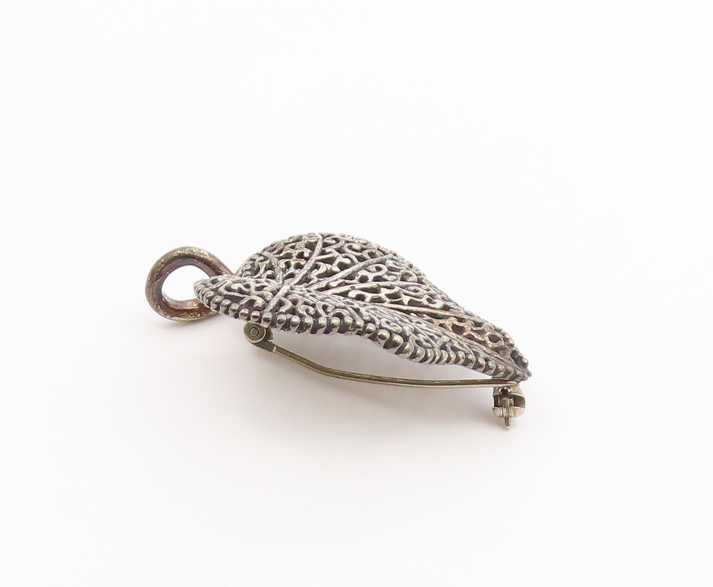 925 Sterling Silver  Vintage Beaded Edge Veined Love Heart Brooch Pin  BP9628