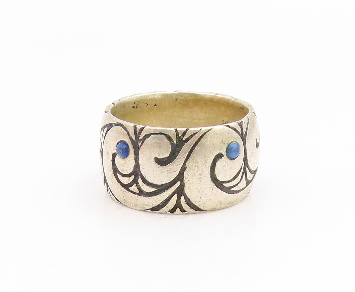 925 Sterling Silver Vintage Ring Lapis Lazuli Scrollwork Wide Band Sz 7 RG35241