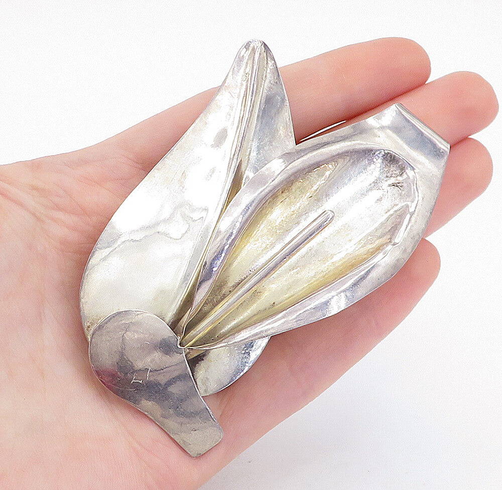MEXICO 925 Sterling Silver  Vintage Sculpted Floral Leaf Brooch Pin  BP1892