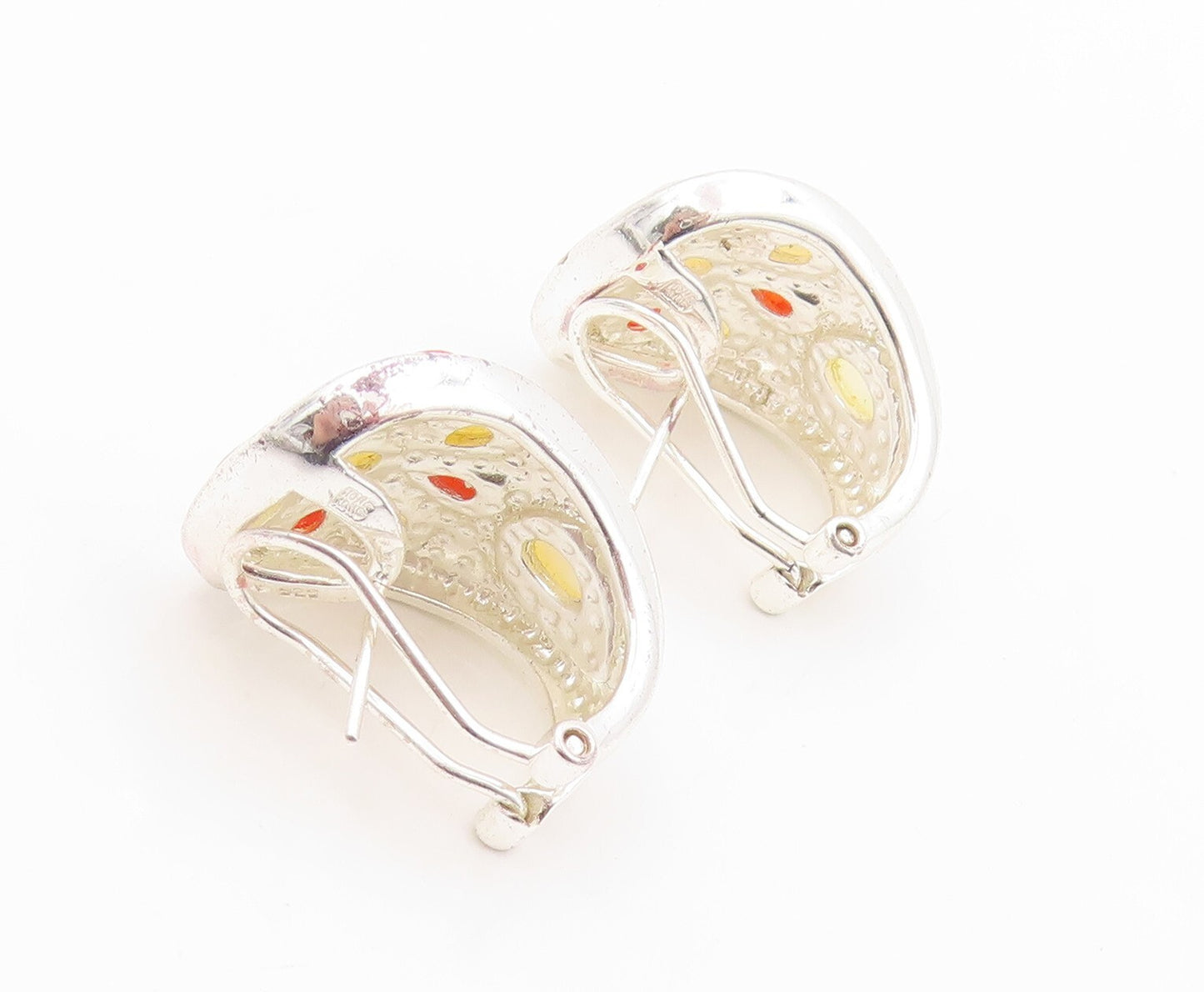 925 Sterling Silver Vintage Earrings Mother Of Pearl & Carnelian Flower EG13397