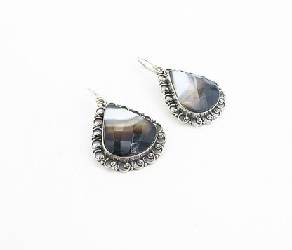 925 Sterling Silver  Vintage Faceted Agate Bordered Dangle Earrings  EG3363