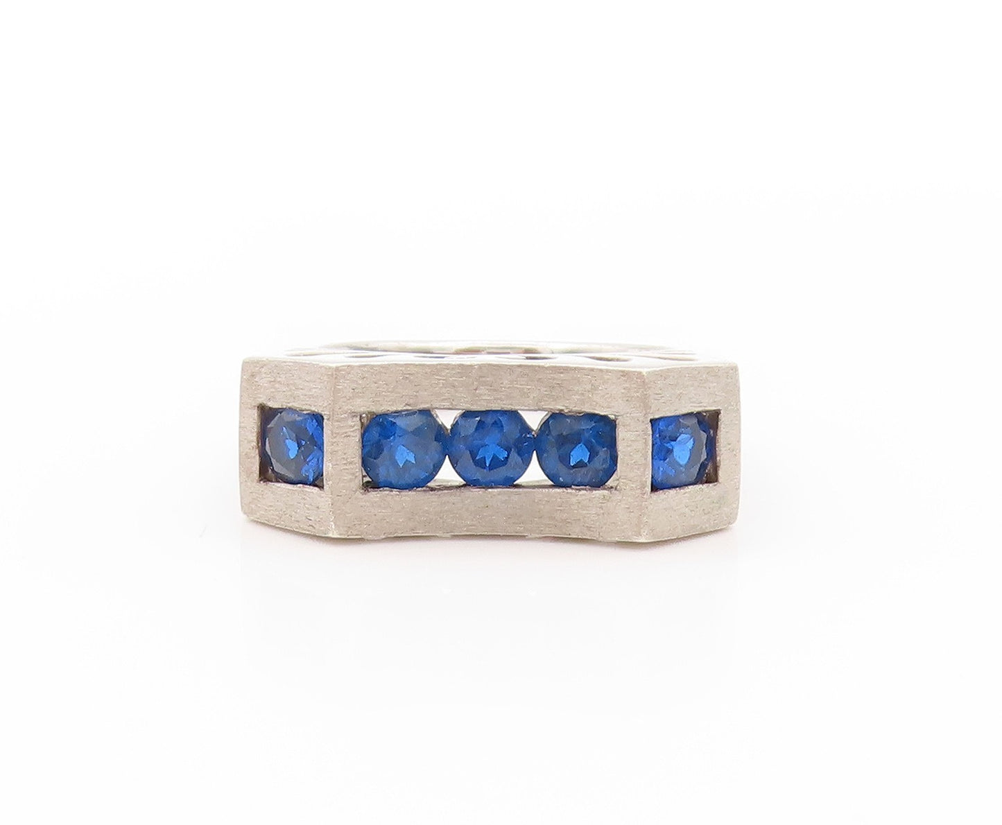 925 Sterling Silver Vintage Ring Round Dark Blue CZ Inlay  Sz 5  RG32787