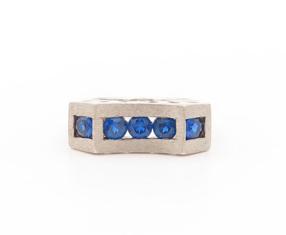925 Sterling Silver Vintage Ring Round Dark Blue CZ Inlay  Sz 5  RG32787