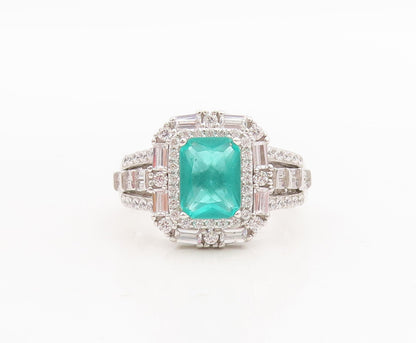 925 Sterling Silver Vintage Ring Rectangle Cut Aquamarine & CZ   Sz 7  RG29019