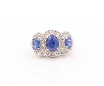 925 Sterling Silver Vintage Ring Oval Sapphire Halo CZ Inlay  Sz 7.5  RG30914