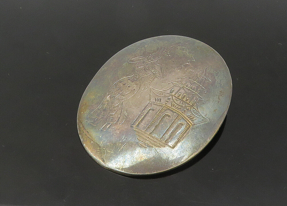925 Sterling Silver  Vintage Etched Dancer & Temple Oval Brooch Pin  BP8456