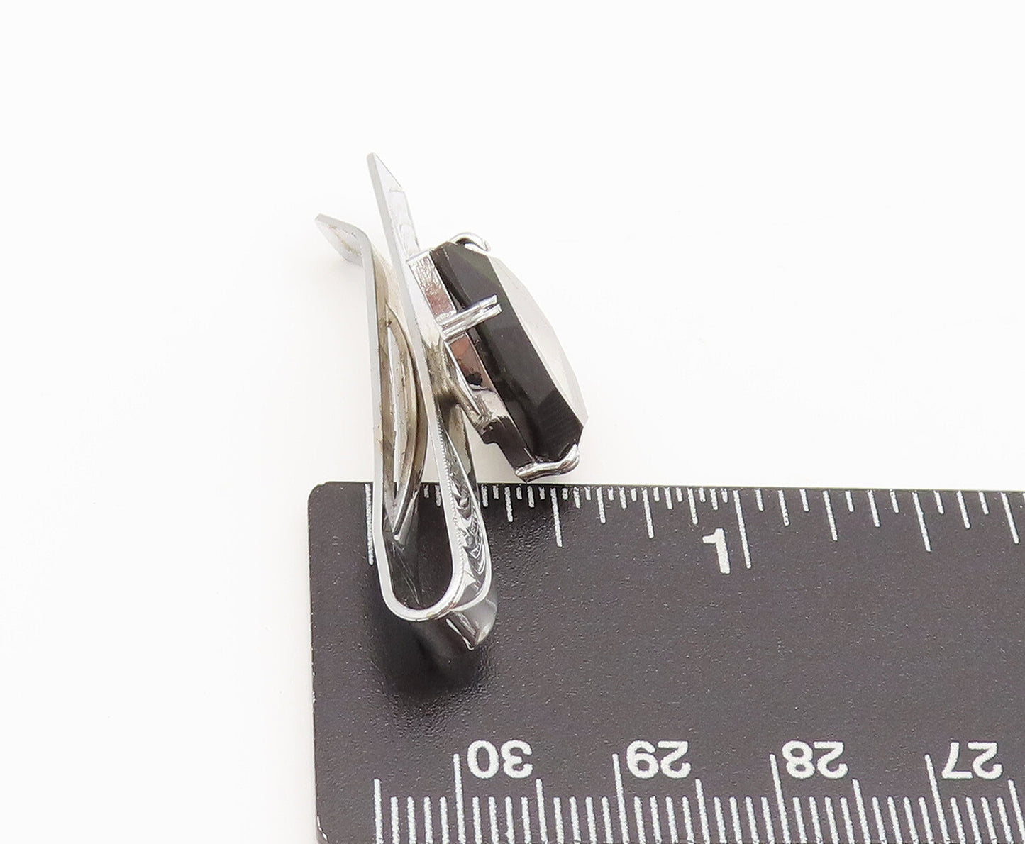 JAPAN 925 Silver  Vintage Designer Onyx Inlay Glass Shrines Tie Clip  TR3612