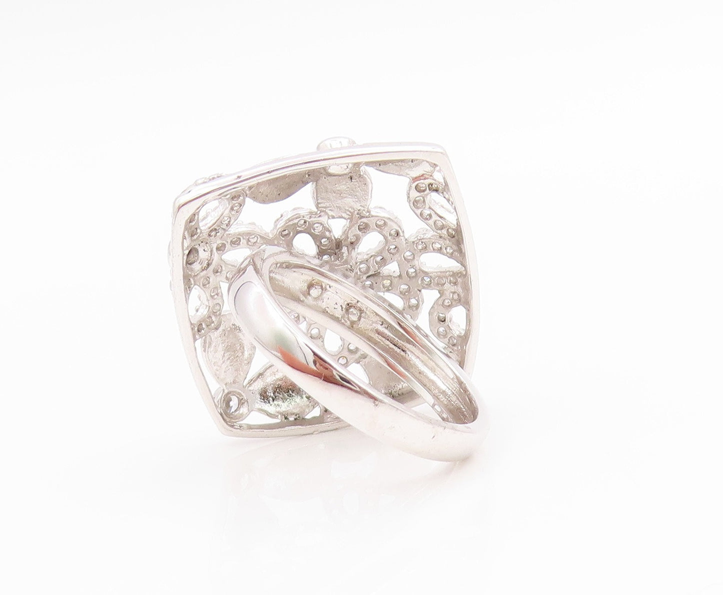 925 Sterling Silver Vintage Ring CZ Openwork Floral Petals Band  Sz 7  RG35763