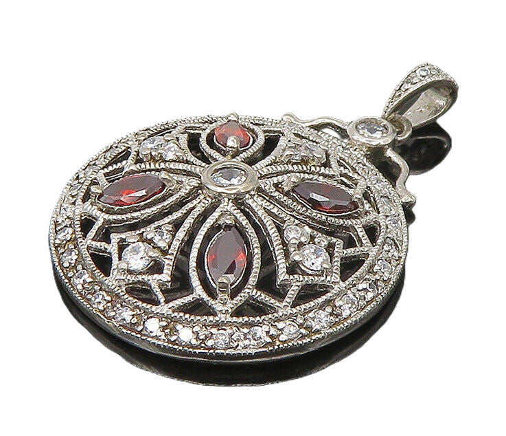 925 Sterling Silver  Cubic Zirconia & Garnet Floral Design Pendant  PT14067
