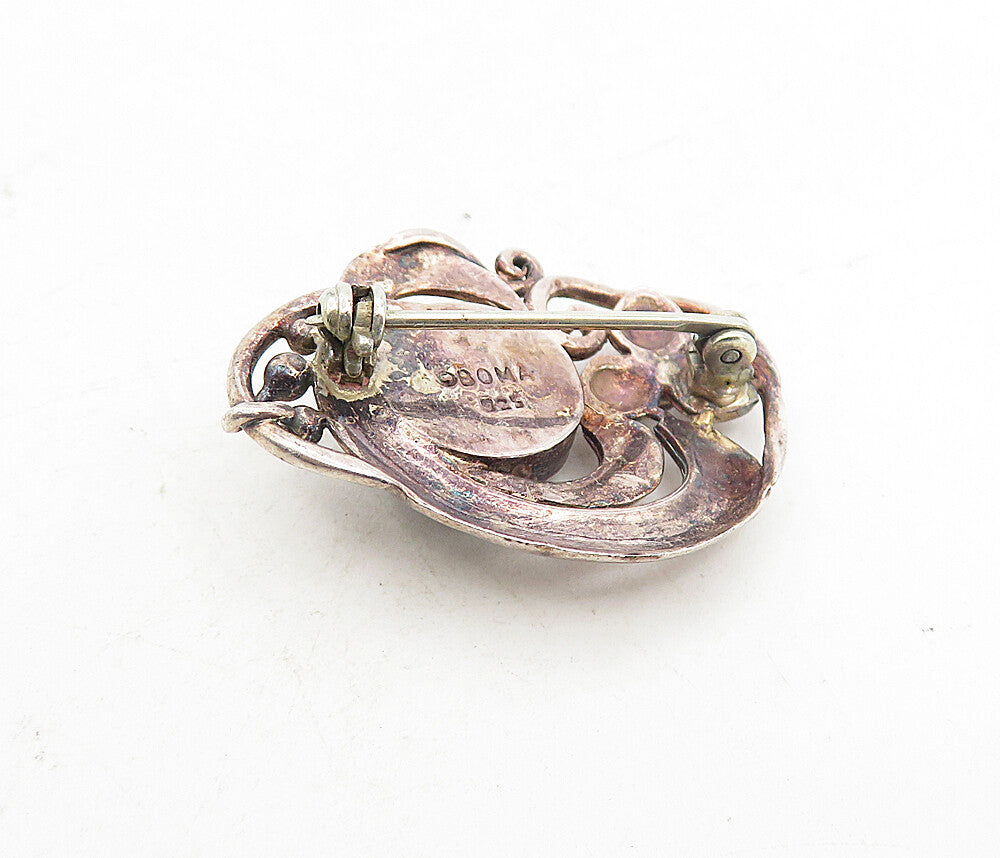 BOMA 925 Silver  Vintage Cabochon Cut Black Onyx Floral Brooch Pin  BP3059