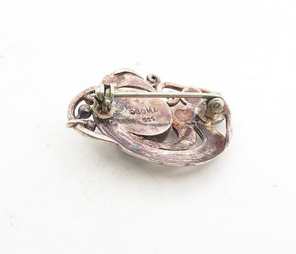 BOMA 925 Silver  Vintage Cabochon Cut Black Onyx Floral Brooch Pin  BP3059
