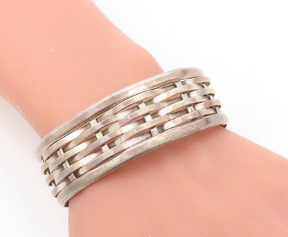 MEXICO 925 Silver  Vintage Dark Tone Basket Weave Design Cuff Bracelet  BT1604