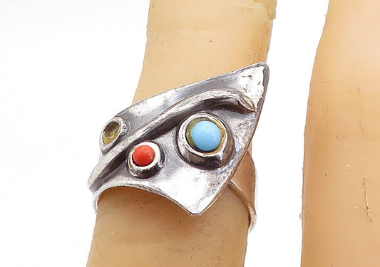 GERMANY 925 Silver  Vintage Turquoise & Coral Oxidized Band Ring Sz 6  RG6657