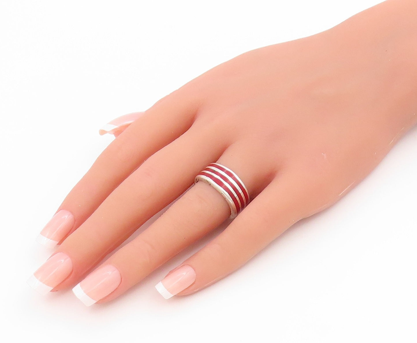 925 Sterling Silver Vintage Ring Red Enameled Wide Stripes Band  Sz 7  RG36092