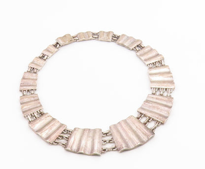 925 Sterling Silver Vintage Necklace Modernist Textured Wave Panel Choker NE4887