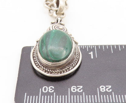 925 Sterling Silver Vintage Cabochon Cut Malachite Chain Necklace NE1460