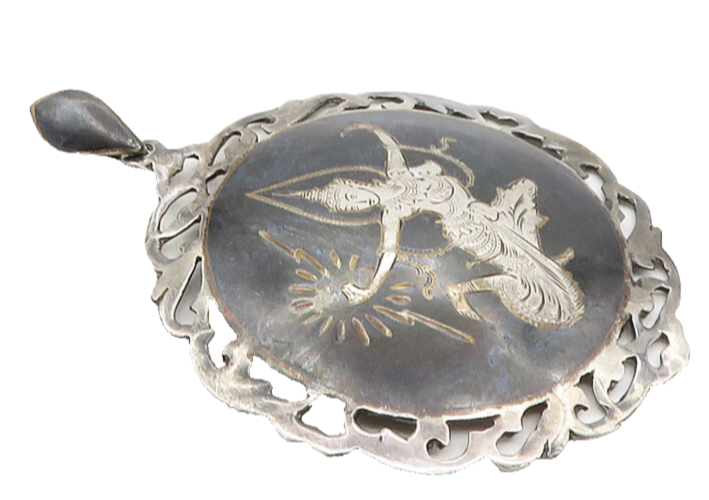 SIAM 925 Sterling Silver  Vintage Enamel Niello Dancer Swirl Pendant  PT7470