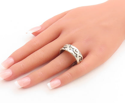 925 Sterling Silver Vintage Ring Solid Carved Fire Swirls  Sz 15  RG31255