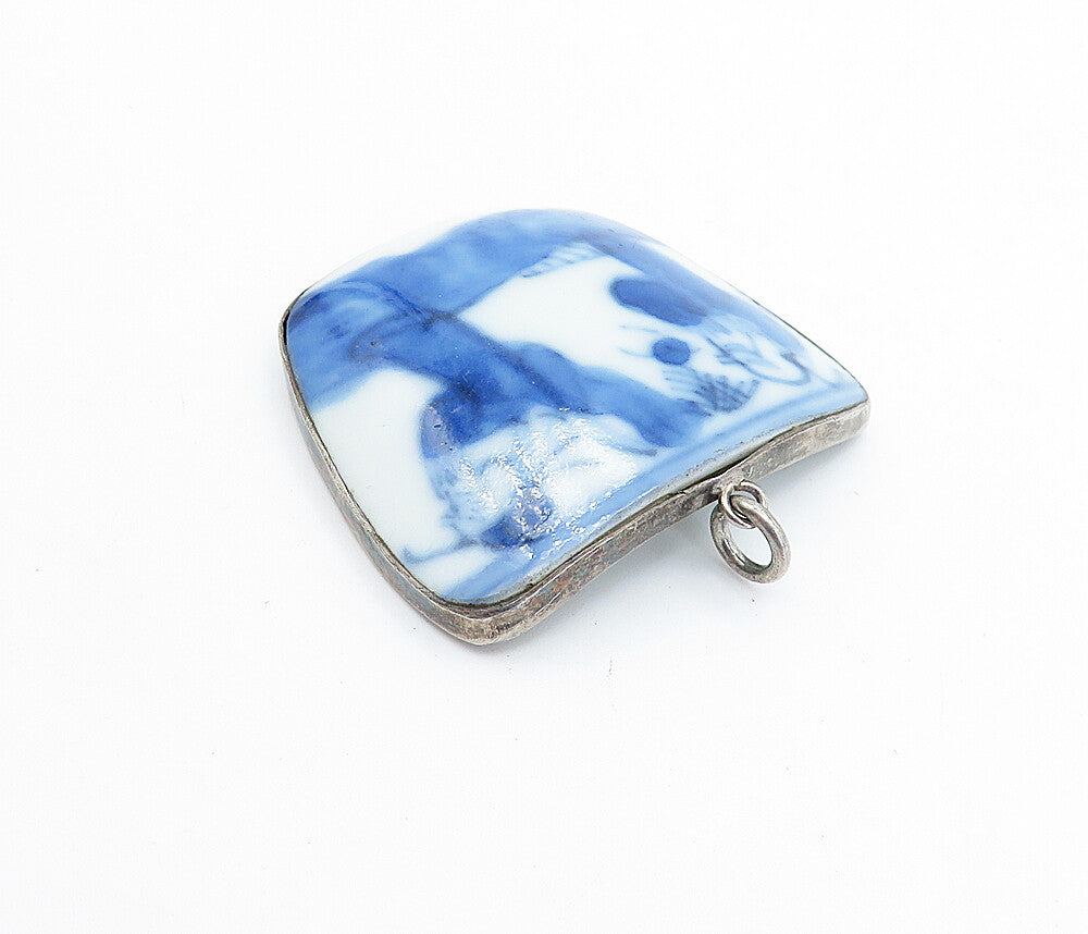 CHINESE 925 Sterling Silver  Vintage Ceramic Dancing Scene Pendant  PT2741