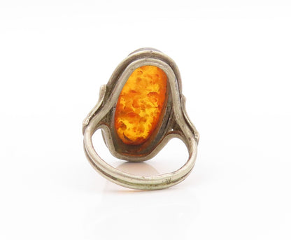 925 Sterling Silver Vintage Ring POLAND Large Oval Honey Amber  Sz 6  RG32821