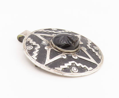 925 Sterling Silver Vintage Brooch Pin MEXICO Carved Onyx Aztec Face  BP12350