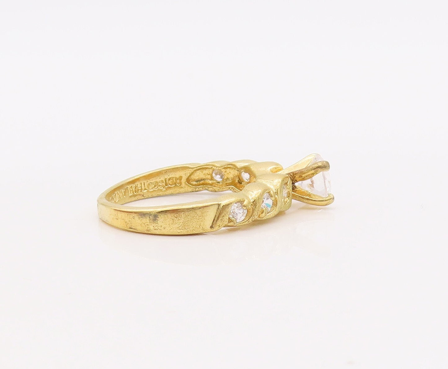 925 Sterling Silver Vintage Ring Gold Plated Carved Round CZ Inlay Sz 7  RG29925