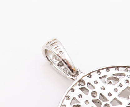 925 Sterling Silver  Vintage Cubic Zirconia Floral Vine Round Pendant  PT14435