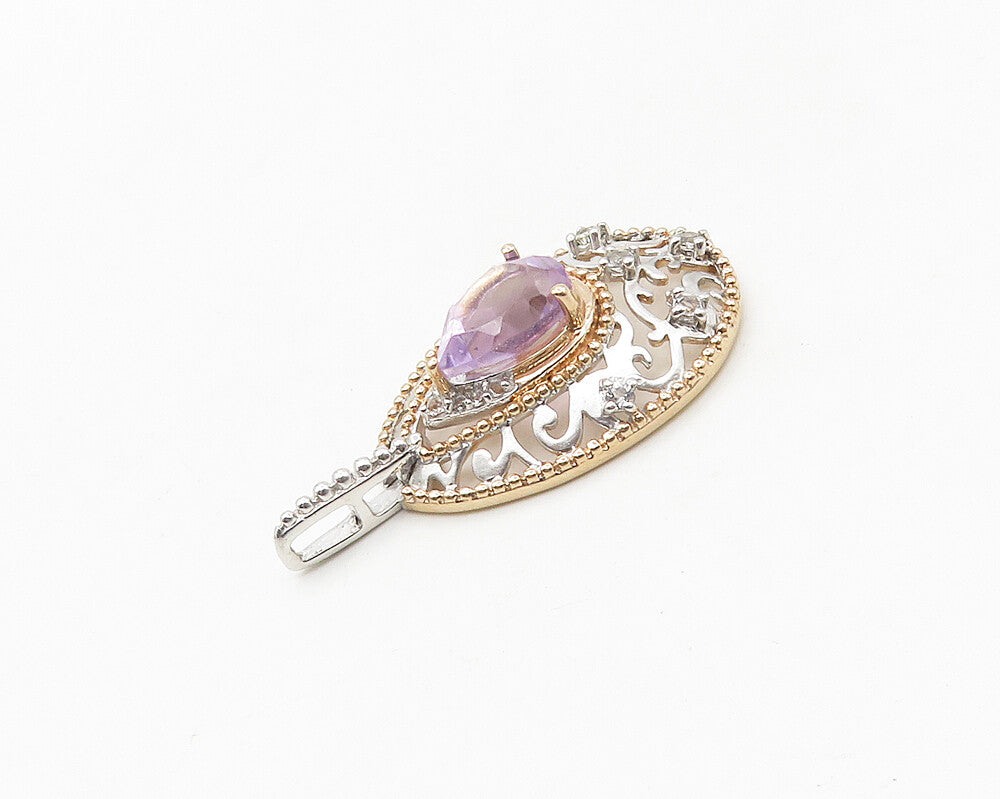 925 Sterling Silver  Amethyst & Topaz Two Tone Swirl Tear Drop Pendant PT14448