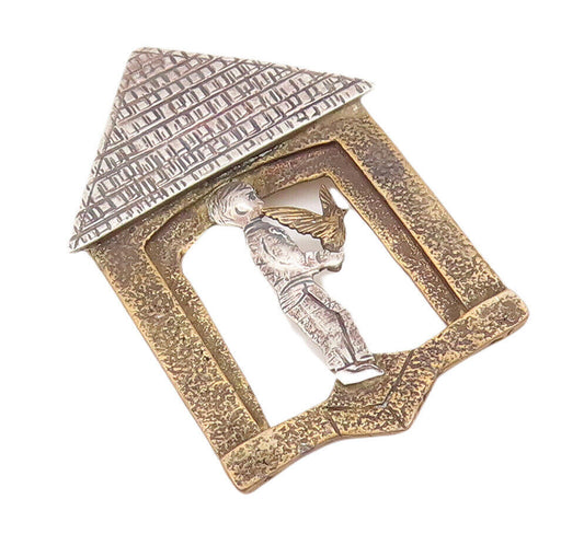 925 Sterling Silver Vintage Brooch Pin COURTNEY Carved Boy With Bird  BP10794