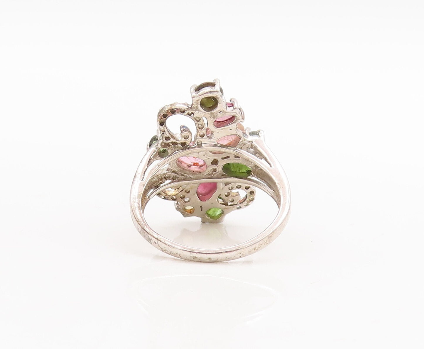 925 Sterling Silver Vintage Ring Diamonds & Gemstones Swirly Carved Sz 7 RG29349