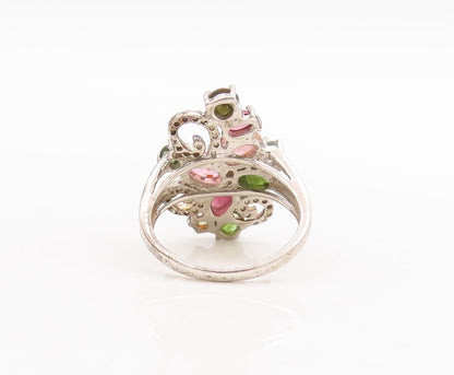 925 Sterling Silver Vintage Ring Diamonds & Gemstones Swirly Carved Sz 7 RG29349