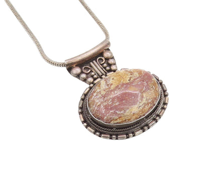 925 Sterling Silver Vintage Necklace Antique Beaded Oval Gemstone NE4590
