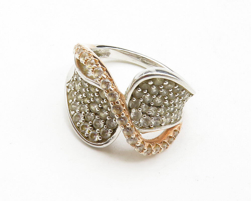 925 Sterling Silver  White Topaz Two Tone Split Swirl Band Ring Sz 6  RG12571