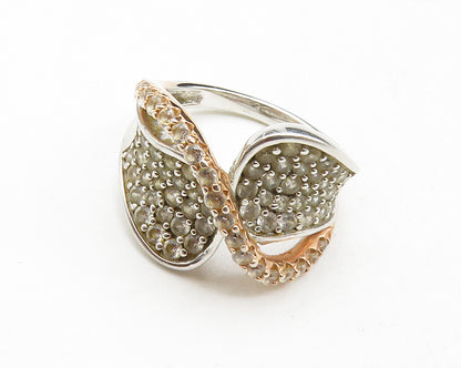 925 Sterling Silver  White Topaz Two Tone Split Swirl Band Ring Sz 6  RG12571