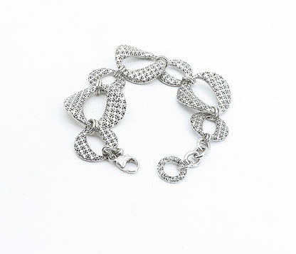 925 Sterling Silver  Vintage Shiny Cutout Oval Link Chain Bracelet  BT2536