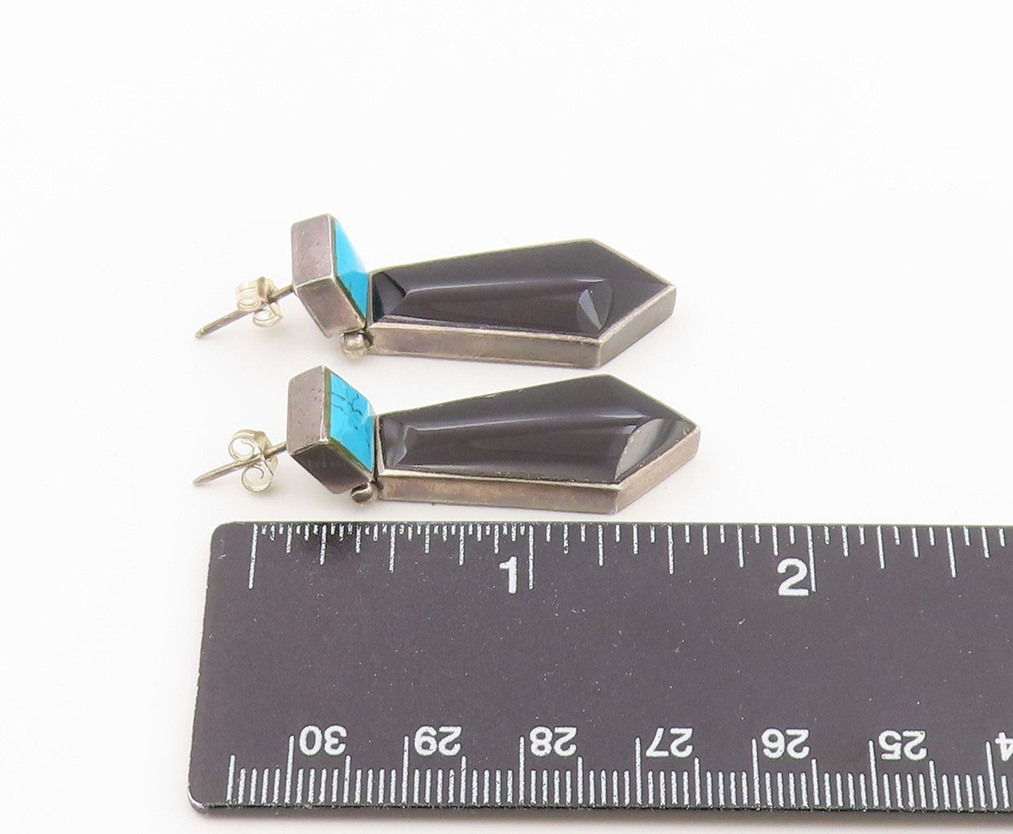 925 Sterling Silver Vintage Earrings Turquoise & Onyx Geometric Drop  EG14498