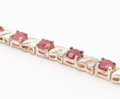 925 Sterling Silver  Vintage Prong Set Red Topaz Shiny Chain Bracelet  BT8316