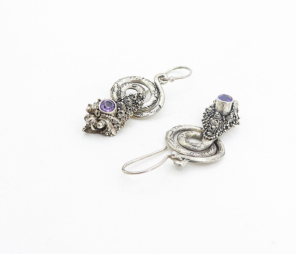 925 Sterling Silver  Vintage Amethyst Spiral Snake Motif Drop Earrings  EG3350