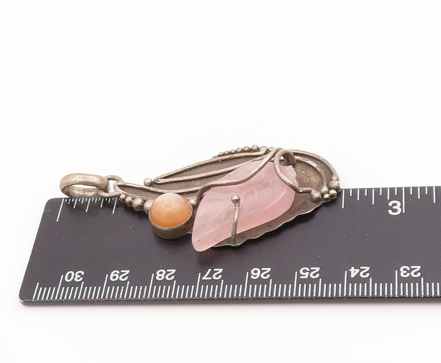 925 Sterling Silver Vintage Pendant LIZ RON Rose Quartz & Moonstone  PT25254