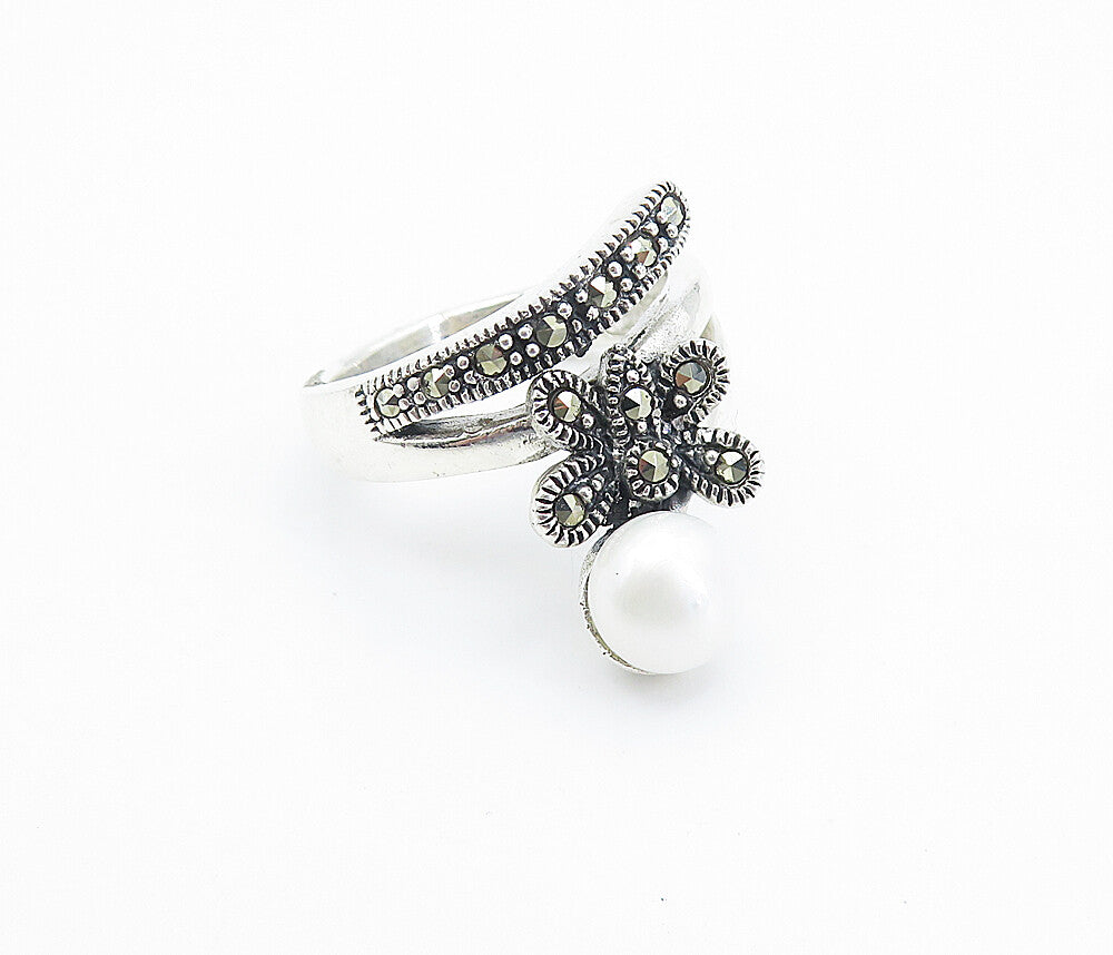 925 Sterling Silver  Pearl & Marcasite Butterfly Bypass Band Ring Sz 8  RG8252