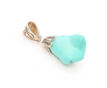 925 Sterling Silver Vintage Pendant Modernist Amorphas Shape Turquoise  PT23854