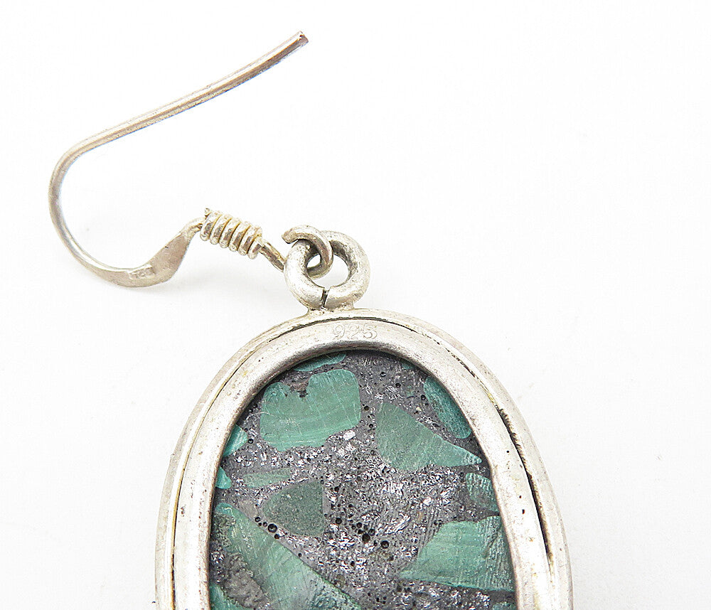 925 Sterling Silver  Vintage Malachite With Hematite Dangle Earrings  EG3191