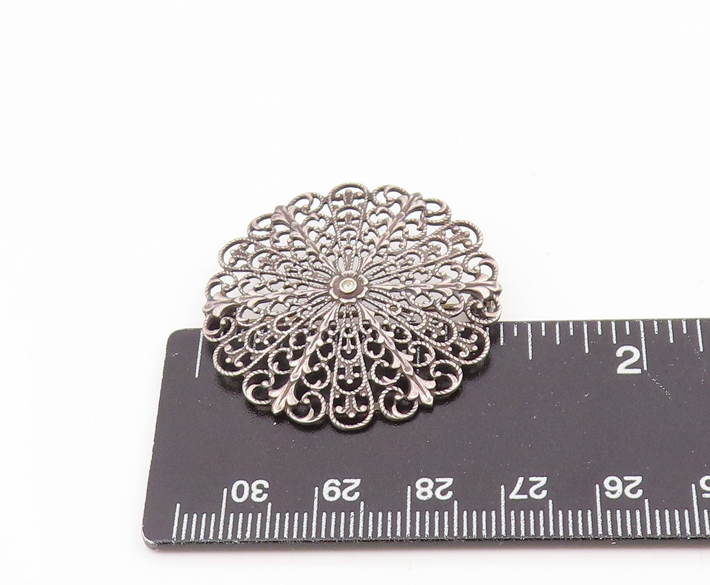 925 Sterling Silver Vintage Brooch Pin Topaz Intricate Floral Filigree  BP12384