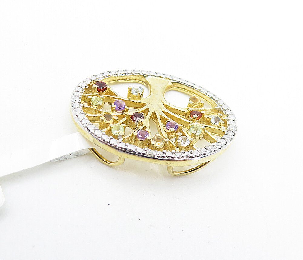 925 Silver Multi Color Topaz & Genuine Diamond Tree Of Life Pendant PT5091