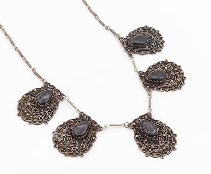 925 Sterling Silver Vintage Necklace Dark Tone Swirly Carved Onyx Inlay  NE4449