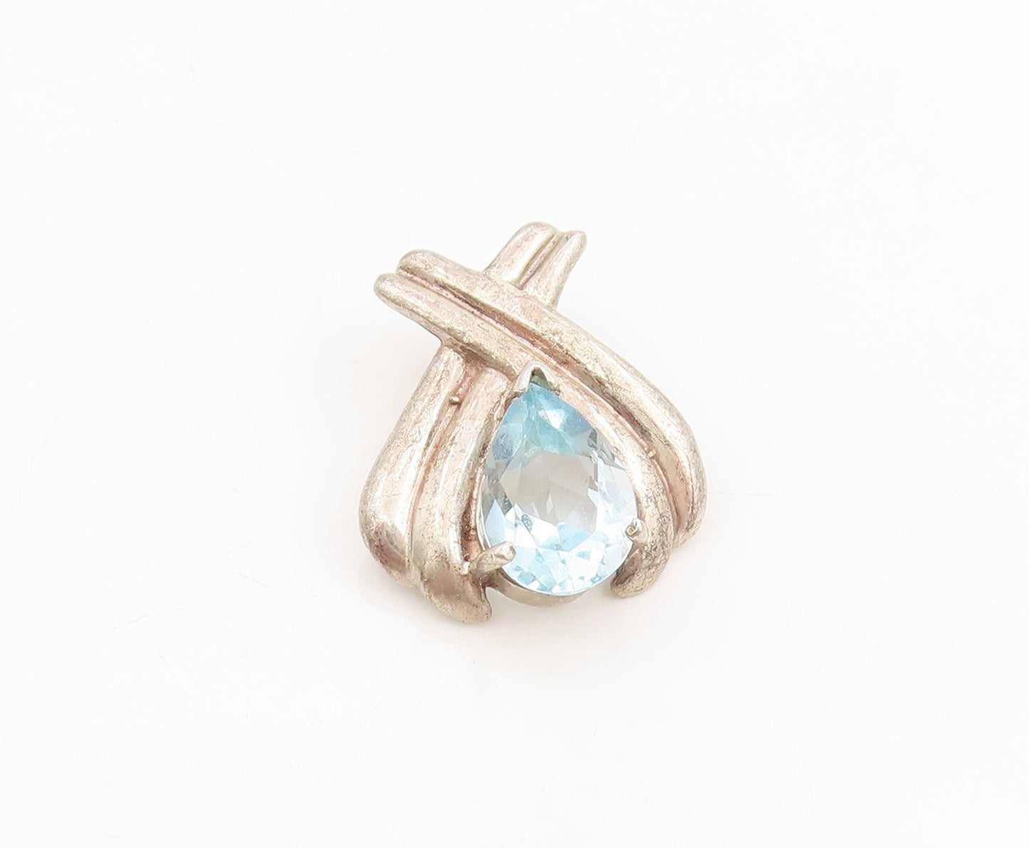 925 Sterling Silver Vintage Pendant Faceted Blue Topaz Crossover Charm  PT25480