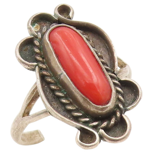 925 Sterling Silver Vintage Ring NAVAJO Red Coral Statement Band  Sz 8  RG36615