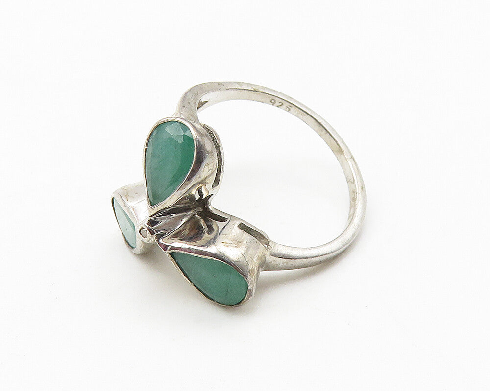 925 Sterling Silver  Tear Drop Emerald Floral Motif Band Ring Sz 6.5  RG10557