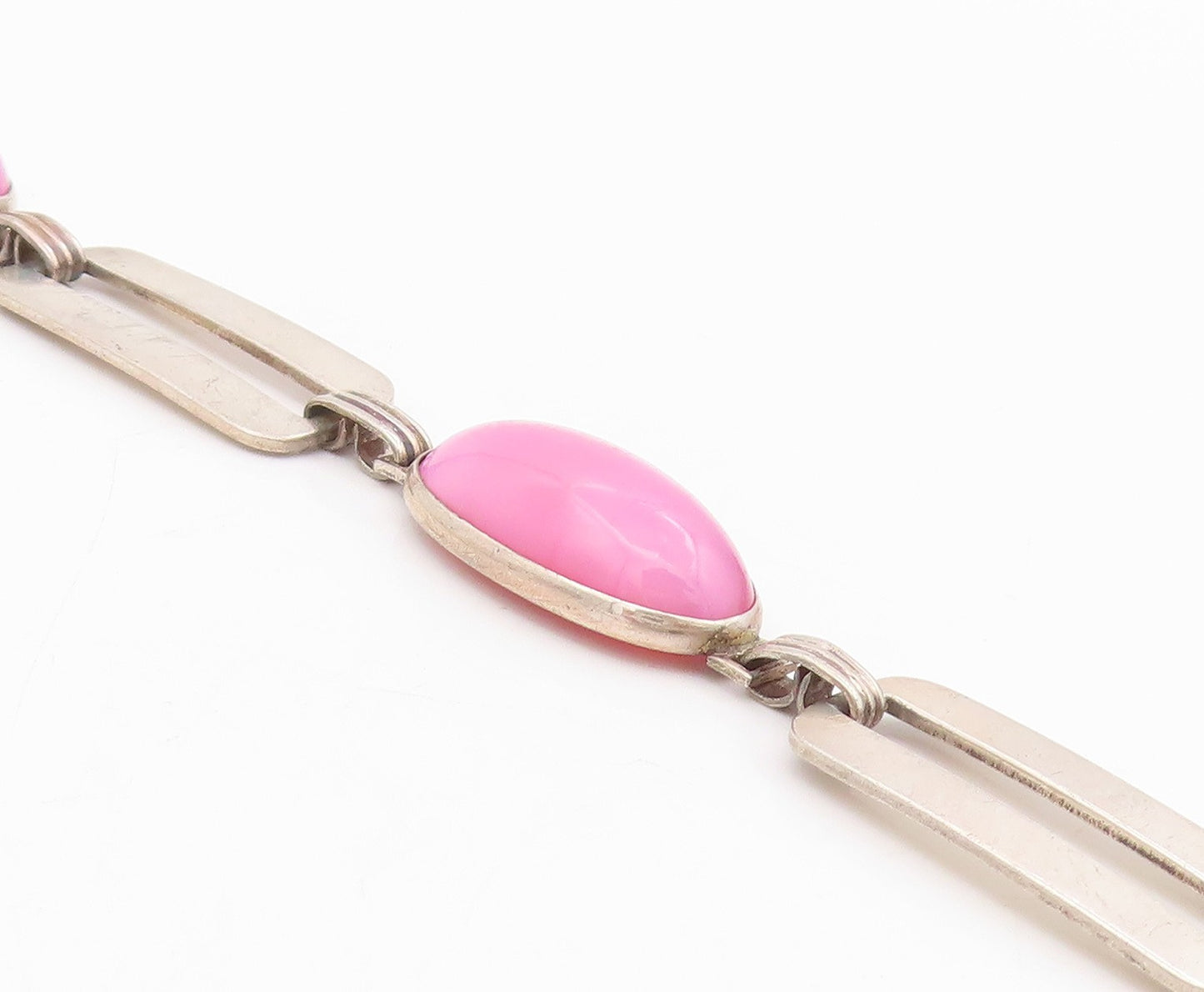 925 Sterling Silver Vintage Bracelet Oval Pink Gemstone Geometric Link  BT11687